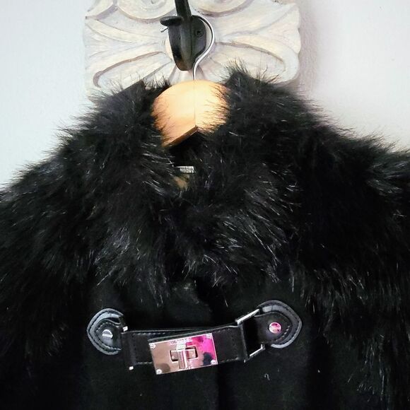 Michael Kors Yeti Faux Rabbit Fur Sleeve & Wool Moto Turnlock Jacket in Black - Picture 3 of 16